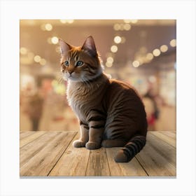 Tabby Cat Sitting On Wooden Table Canvas Print