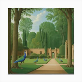 Peacocks in a Renaissance Garden Series. In Style of David Hockney 9 Canvas Print