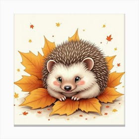 Cute Hedgehog In Autumn Leaves Canvas Print