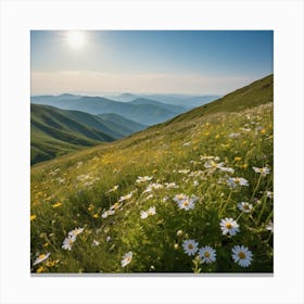 A Lush Green Mountain Filled With Blooming Wildflowers Basks In Warm Sunlight Under A Clear Blue Sky, Its Natural Beauty Portrayed Serenely 1 Canvas Print