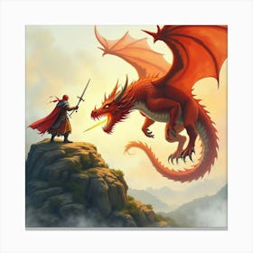 Dragon Slayer Battling A Fire Breathing Dragon On A Mountain, Watercolor 1 Canvas Print