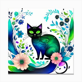 Black Cat With Flowers 2 Canvas Print