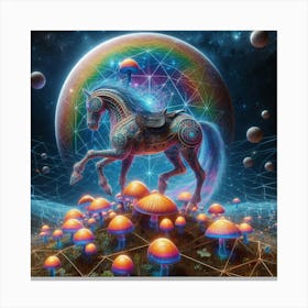 Horse travelling through the psychedelic dmt realm crossing a plane of mushrooms and earth Canvas Print