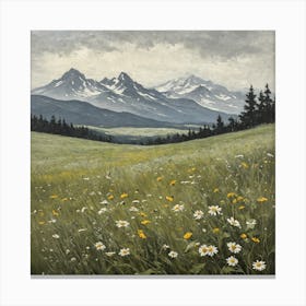 Vintage Oil Painting of Wild Flowers in a Meadow, Mountains in the Background 17 Canvas Print