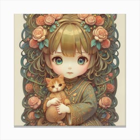 Kawaii Girl With Cat 1 Canvas Print