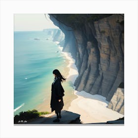 Candid Color Illustration Of A Asian Girl Standing At The Edge Of A Cliff Overlooking The Ocean Canvas Print