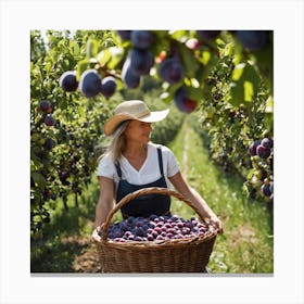 Woman Picking Plums In An Orchard 1 Canvas Print