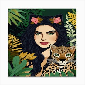 Leopard And Girl In Jungle Canvas Print
