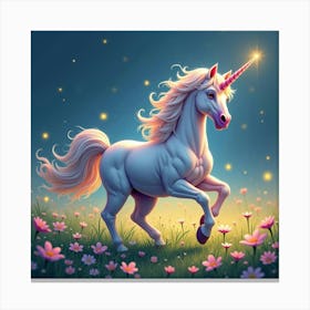 Magical Unicorn Prancing Through A Meadow Of Glowing Flowers 1 Canvas Print