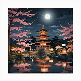 Japenese Pagoda Landscape With Moon Art Print (1) Canvas Print