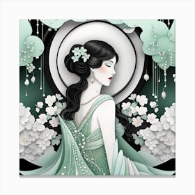 Chinese Woman Elegant Silhouette Japanese Textured Monohromatic Canvas Print