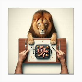 The lion eats steak on a table 3 Canvas Print