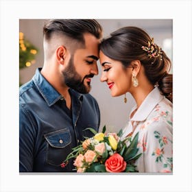 Happy Couple With Flowers Canvas Print