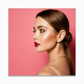 Firefly Elegance In Profile Woman With Brown Eyes And Red Lips On Rosé Background 80897 Canvas Print