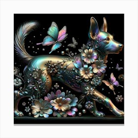 Dog With Butterflies And Flowers Canvas Print