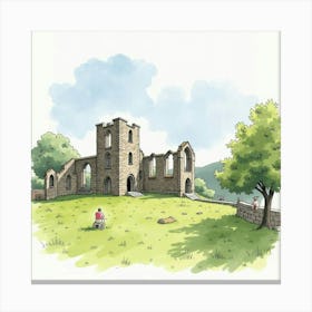 Watercolor View Of The Llanthony Priory In Wales, Featuring Its Historic Ruins And Tranquil Setting Canvas Print