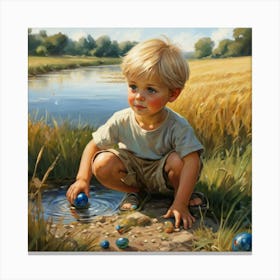 Boy Playing With Blue Balls Canvas Print