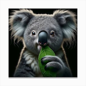 Cute Koala chewing on leaf portrait isolated on black background 1 Canvas Print