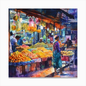 Fruit Market, Impressionist Painting, Watercolor, Brown Color Canvas Print