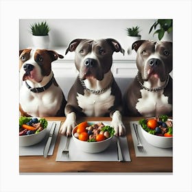 Pitbull Dogs Sitting At Table Eating 4 Canvas Print