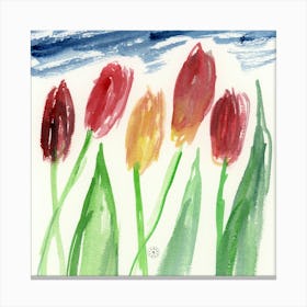 Five Tulips - watercolor flowers floral red green blue square Canvas Print