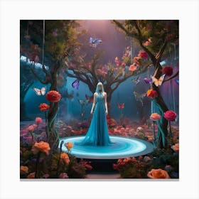 fashion, Surreal fashion garden, plant mannequins, giant flowers, organic dresses, twisted trees, cyber butterflies, psychedelic sky, colorful mist, floating lighting, enchanted podium, colors that change at the touch. 4 Canvas Print