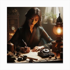 Woman Writing At A Desk Canvas Print