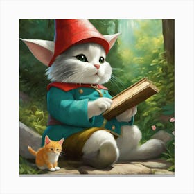 Cute Kawaii Gnome Girl Sitting And Painting Her Cats Back With Magic Brushstunning Masterpiece B 678276440 (1) Canvas Print