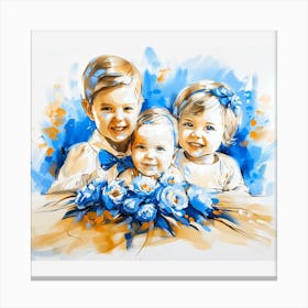 Three Children With Blue Flowers Canvas Print