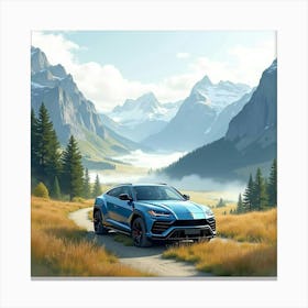 Lamborghini Urus In A Watercolor Mountain Valley With Misty Clouds 1 1 Canvas Print