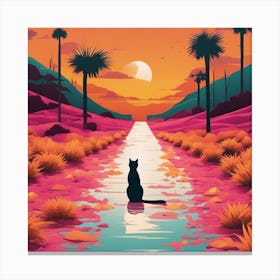 An Image Of A Cat Walking Through An Orange And Yellow Colored Landscape, In The Style Of Dark Teal (3) Canvas Print