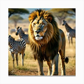 Lion And Zebras Canvas Print