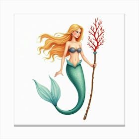 Graceful Mermaid With A Coral Staff, Watercolor 1 Canvas Print