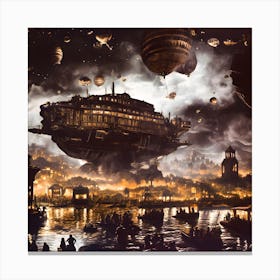 The Ark 1842. Ship. Airship. Steampunk. Night. Anthotype. Cloisonnism. River. City at night. Glow. Space ship. Science Fiction. Alternative history. Canvas Print