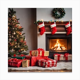 Christmas Presents In Front Of Fireplace 3 Canvas Print