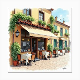 Watercolor Scene Of A Quaint Spanish Café With Outdoor Seating And Ambiance Canvas Print