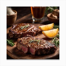 Steak On A Wooden Board Canvas Print