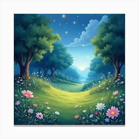 Watercolor Enchanted Meadow With Mystical Glowing Lights 1 Canvas Print