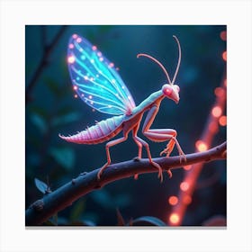 A Whimsical Mantis With Wings Of Fractal Light Perched On A Neon Lit Branch In A Dreamlike Garden Canvas Print