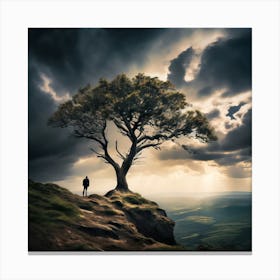 Lone Tree, A Lone Tree Standing Strong On A Cliff Edge Against A Stormy Sky Representing The Courage 1 Canvas Print