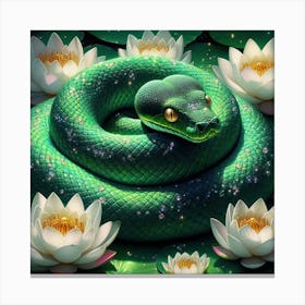 Green Snake With Water Lilies Canvas Print