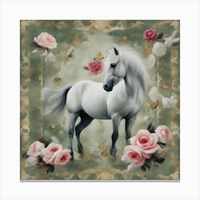 White Horse With Roses Canvas Print