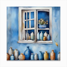 Blue wall. Open window. From inside an old-style room. Silver in the middle. There are several small pottery jars next to the window. There are flowers in the jars Spring oil colors. Wall painting.63 Canvas Print