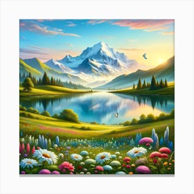 Landscape With Mountains And Flowers Canvas Print