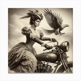 Motorbike Girl From A Bygone Era 3/4 (victorian black and white sepia woman female lady cycle wheels exciting) Canvas Print