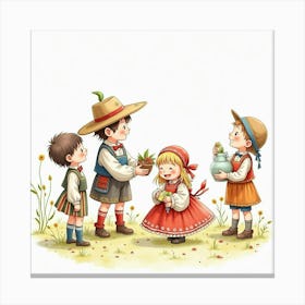 Romanians And English Children Celebrating Cultural Festivals, Watercolor Style 1 Canvas Print