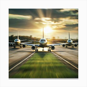 Three airplanes on a runway at sunset, with the sun shining behind them. Canvas Print