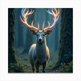 A Mythical Deer With Antlers Of Shimmering, Celestial Ribbons Standing In A Magical Forest Canvas Print