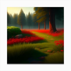 Forest With Red Flowers Canvas Print