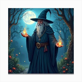 A Mysterious Wizard Casting Spells In A Moonlit Enchanted Garden Canvas Print